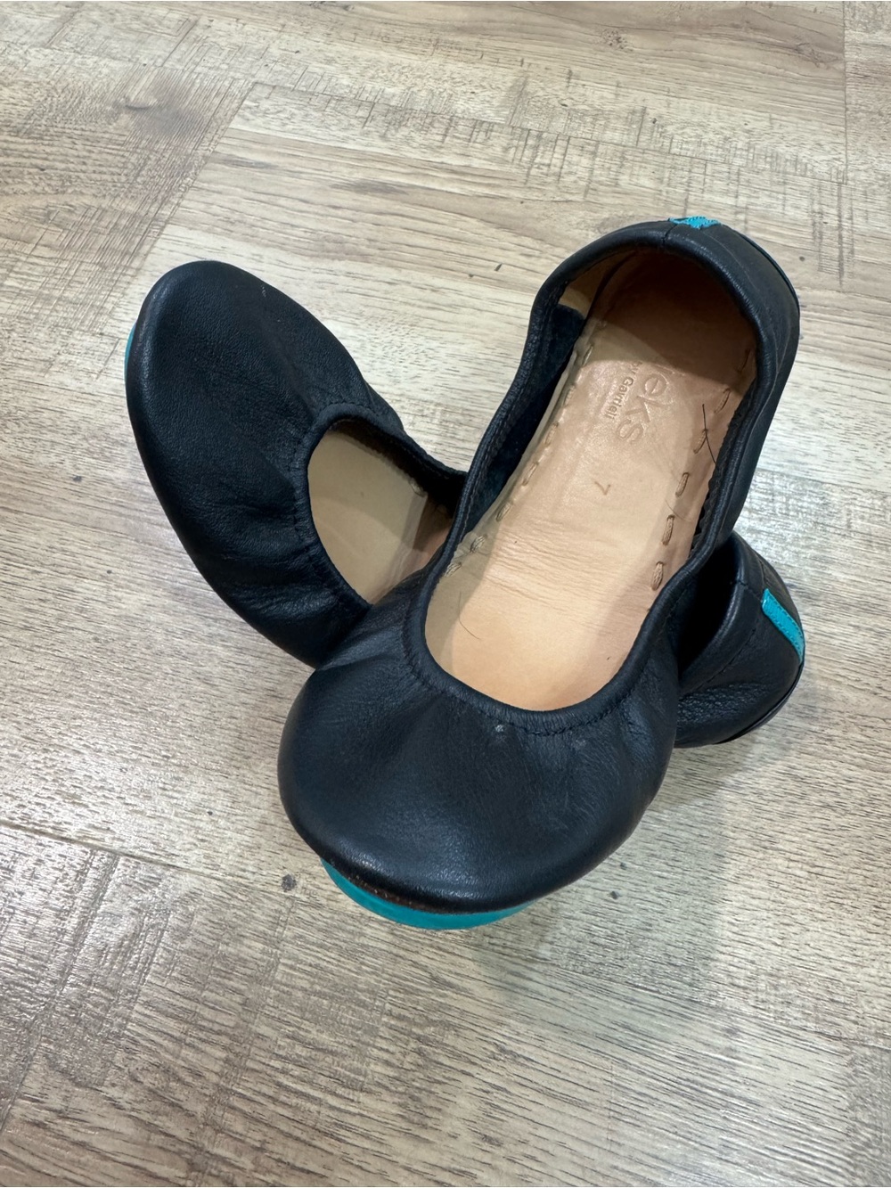 Tieks Black Leather Ballet Flats with Teal Accent